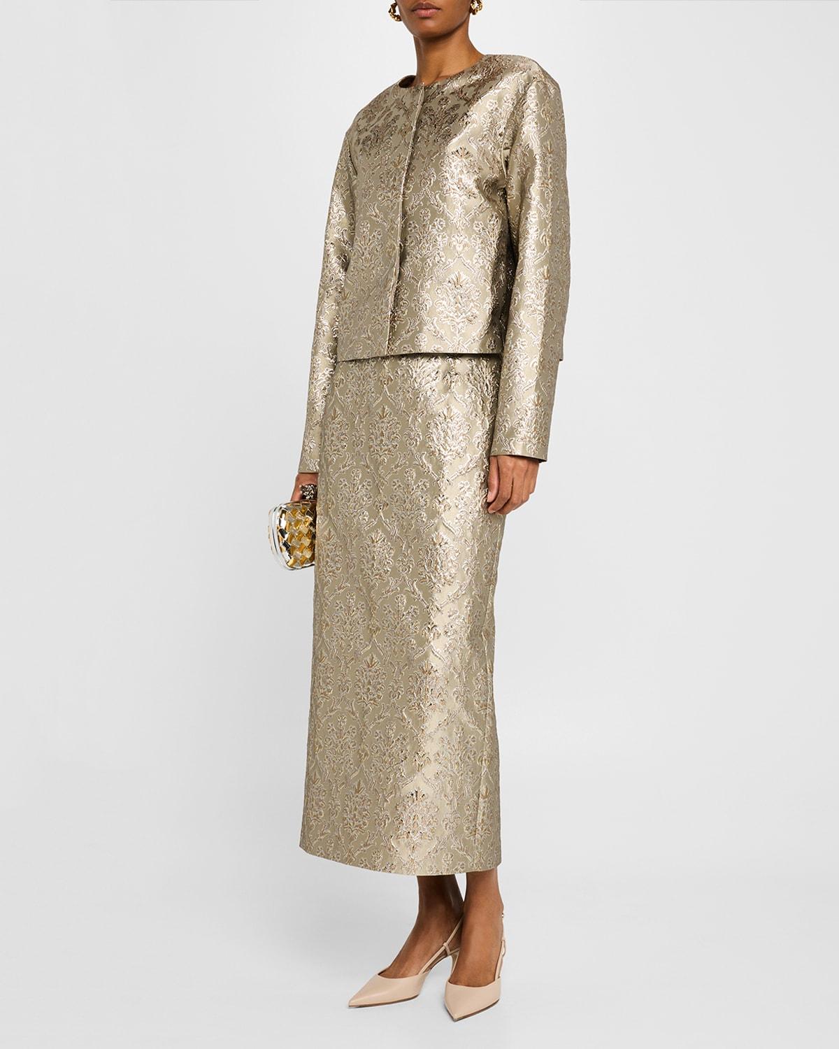 metallic brocade maxi pencil skirt