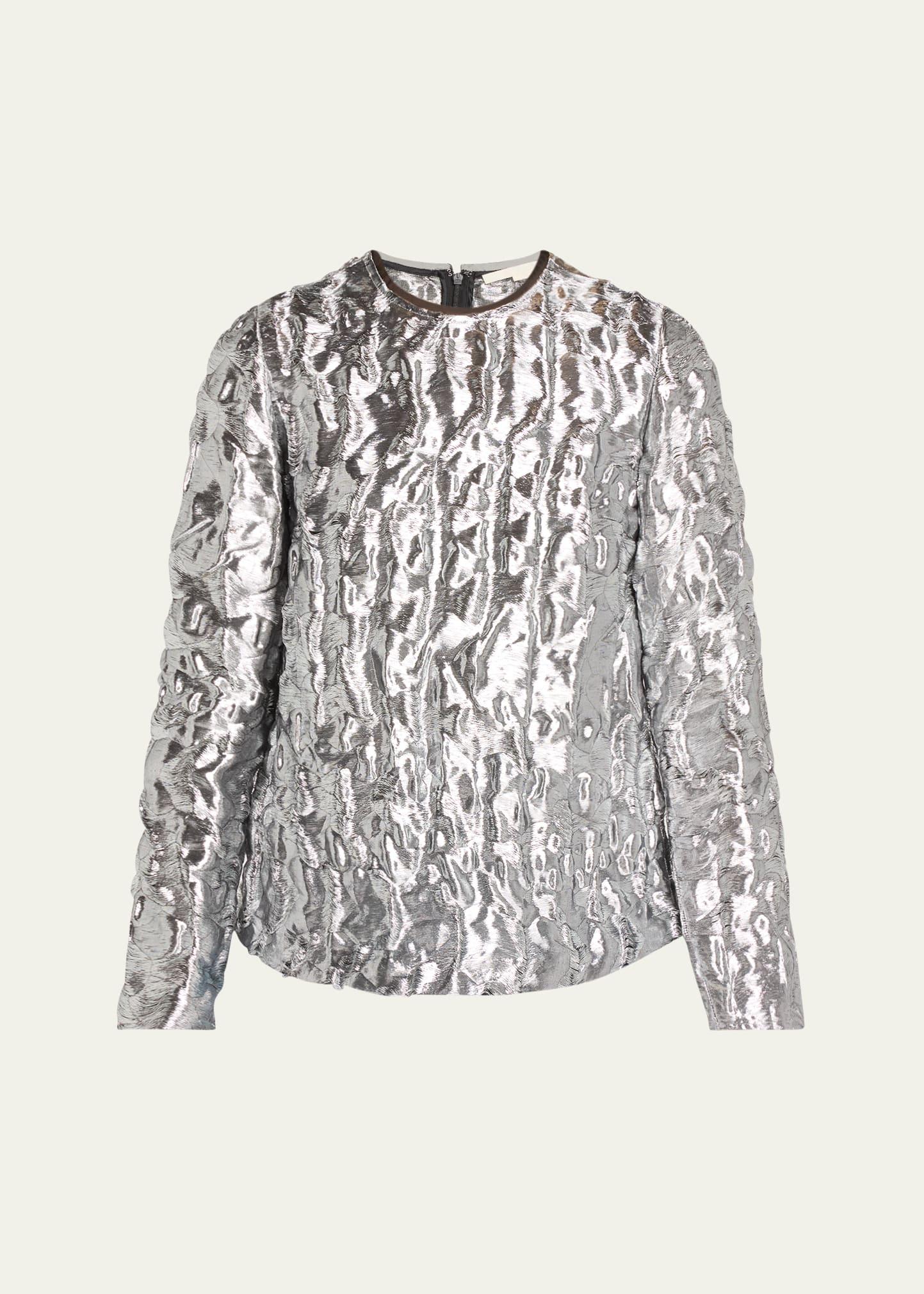 metallic cloque jacquard long sleeve top