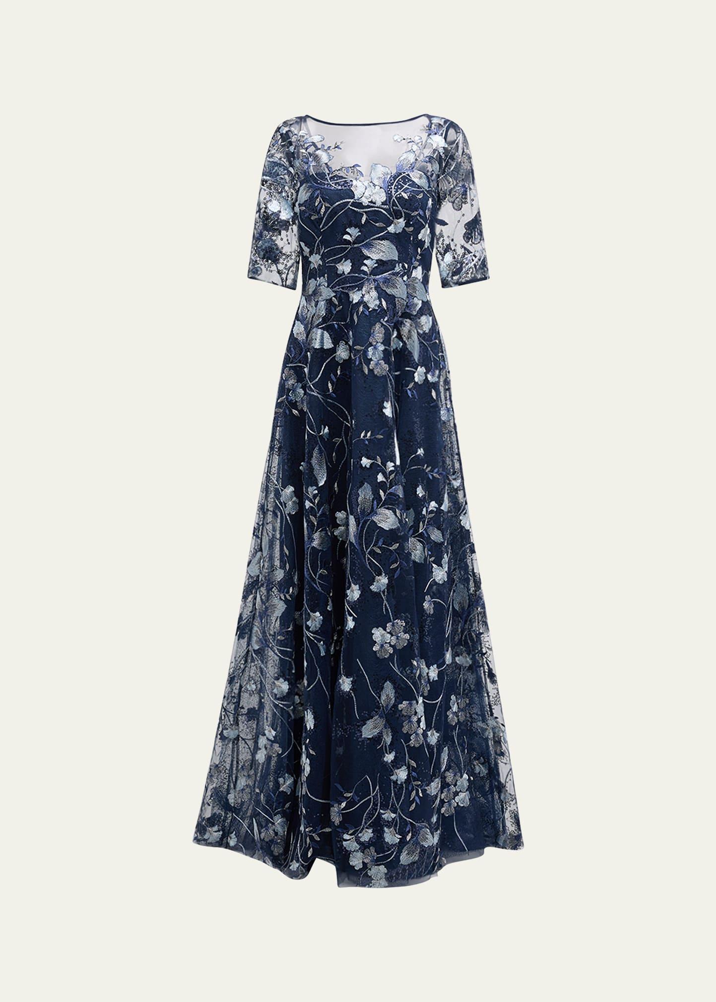 metallic embroidered tulle gown