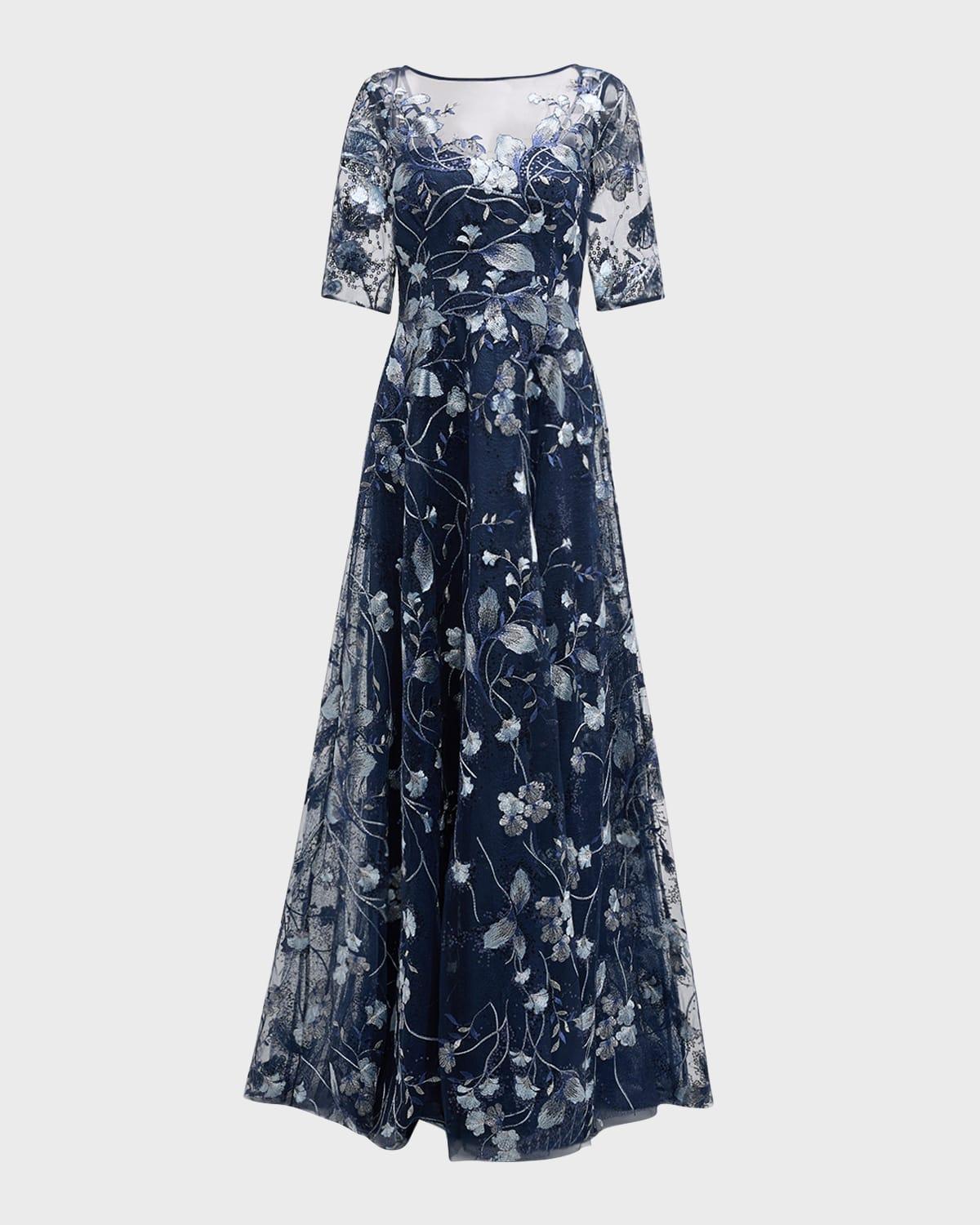 metallic embroidered tulle gown