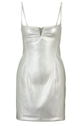 metallic faux-leather mini dress with notch neckline- silver women's day dresses