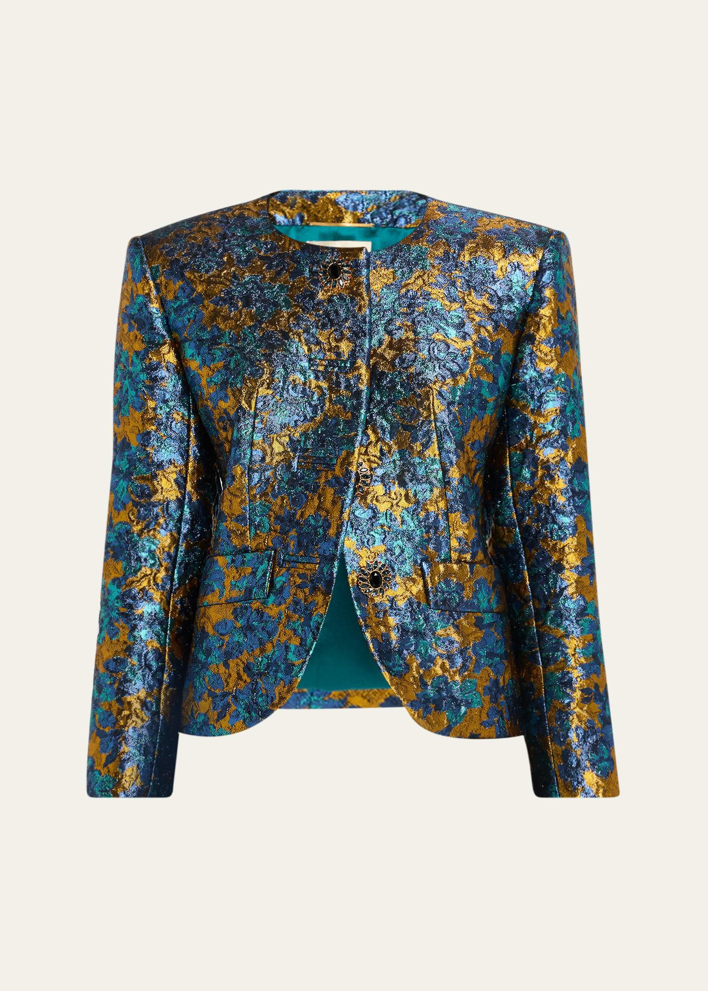 metallic floral brocade single-breasted jacket