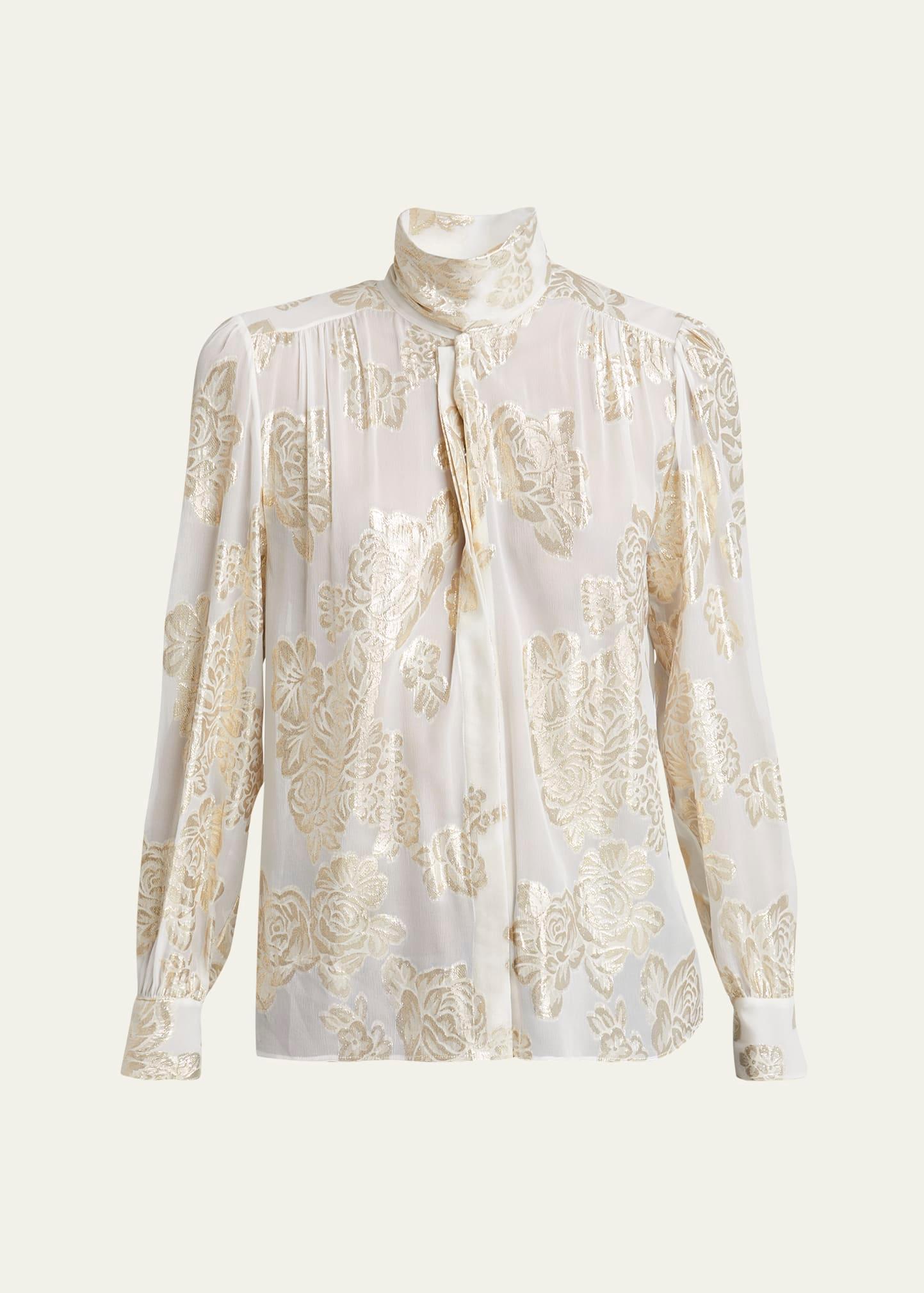 metallic floral silk scarf-neck top