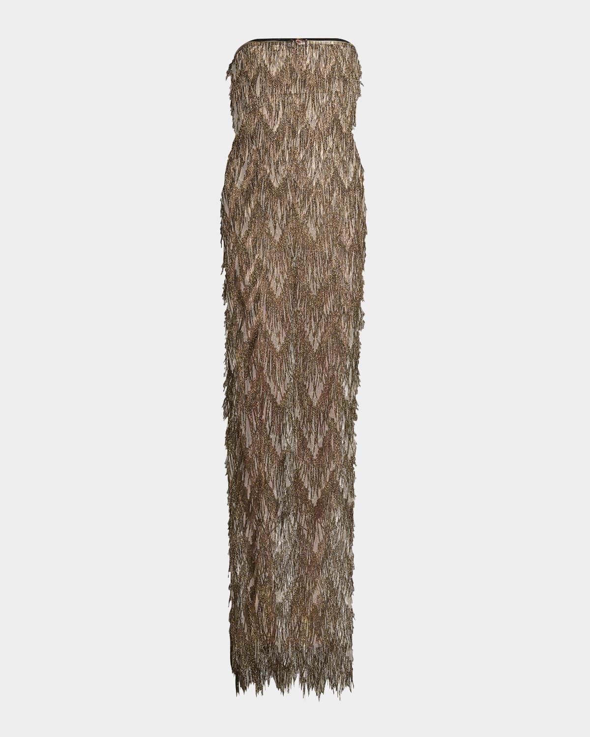 metallic fringe sheer strapless slit gown