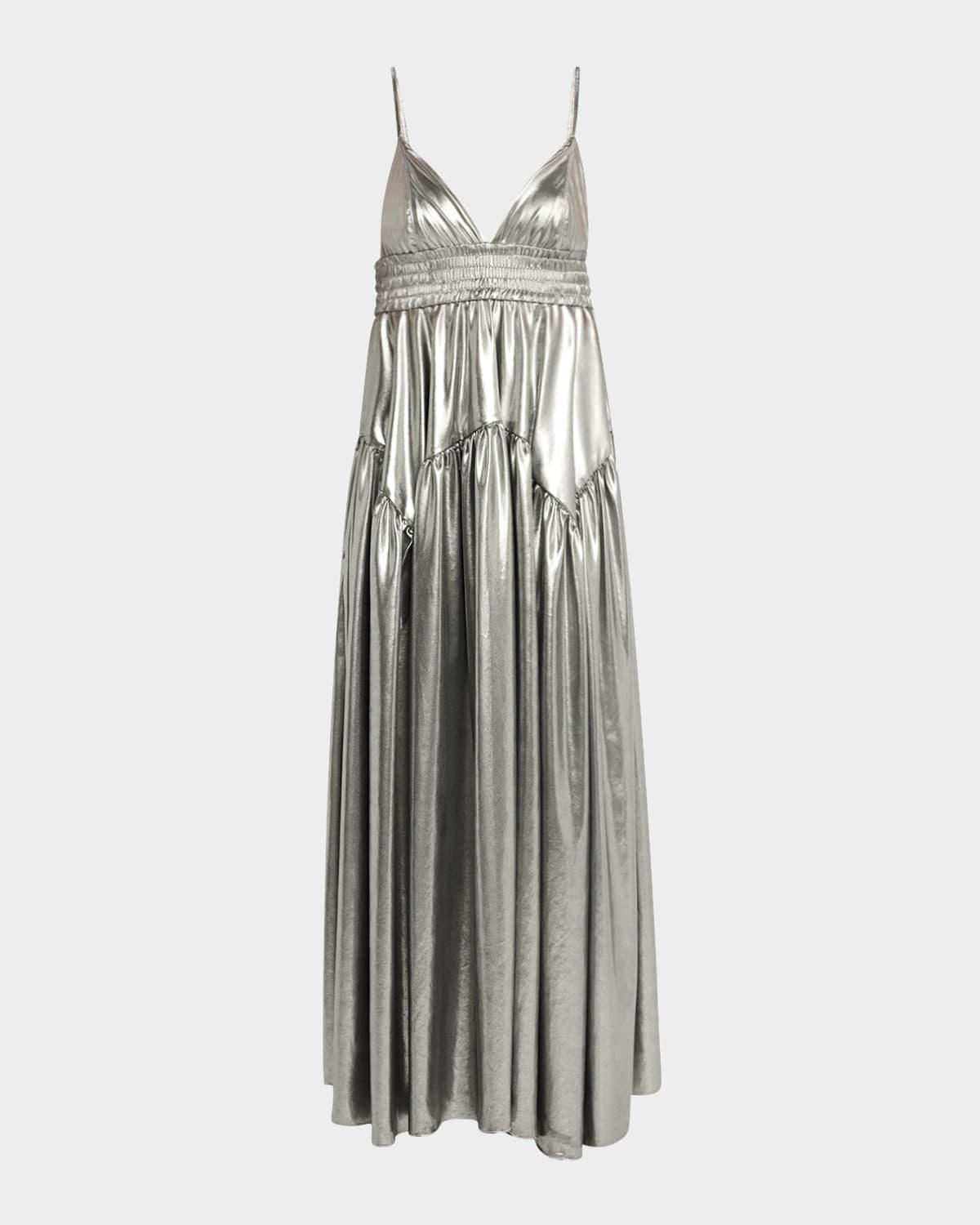 metallic gathered peplum maxi camisole dress