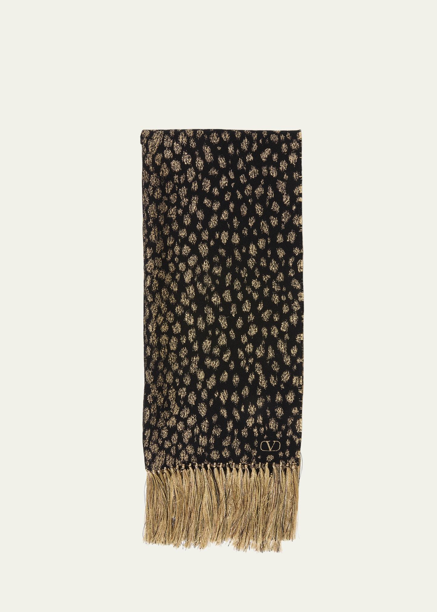 metallic jacquard animal fringe scarf