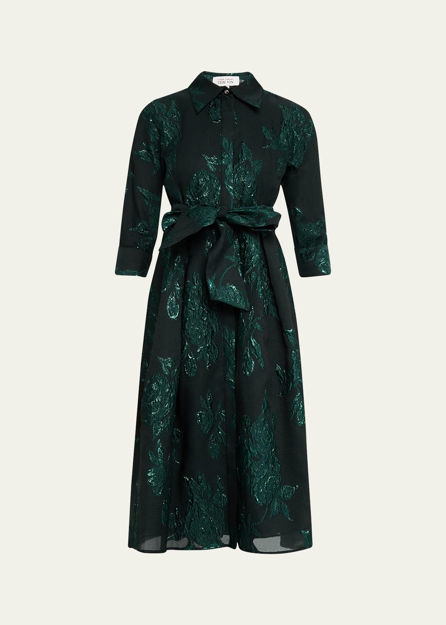 metallic jacquard belted shirtdress