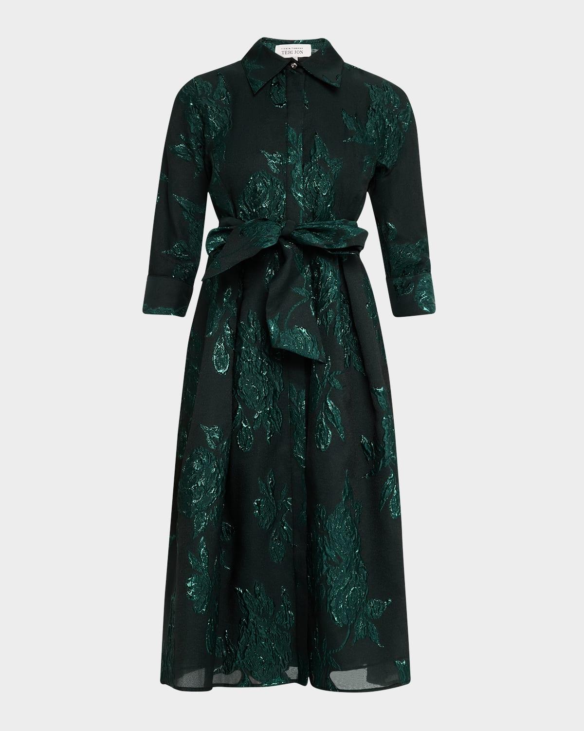 metallic jacquard belted shirtdress