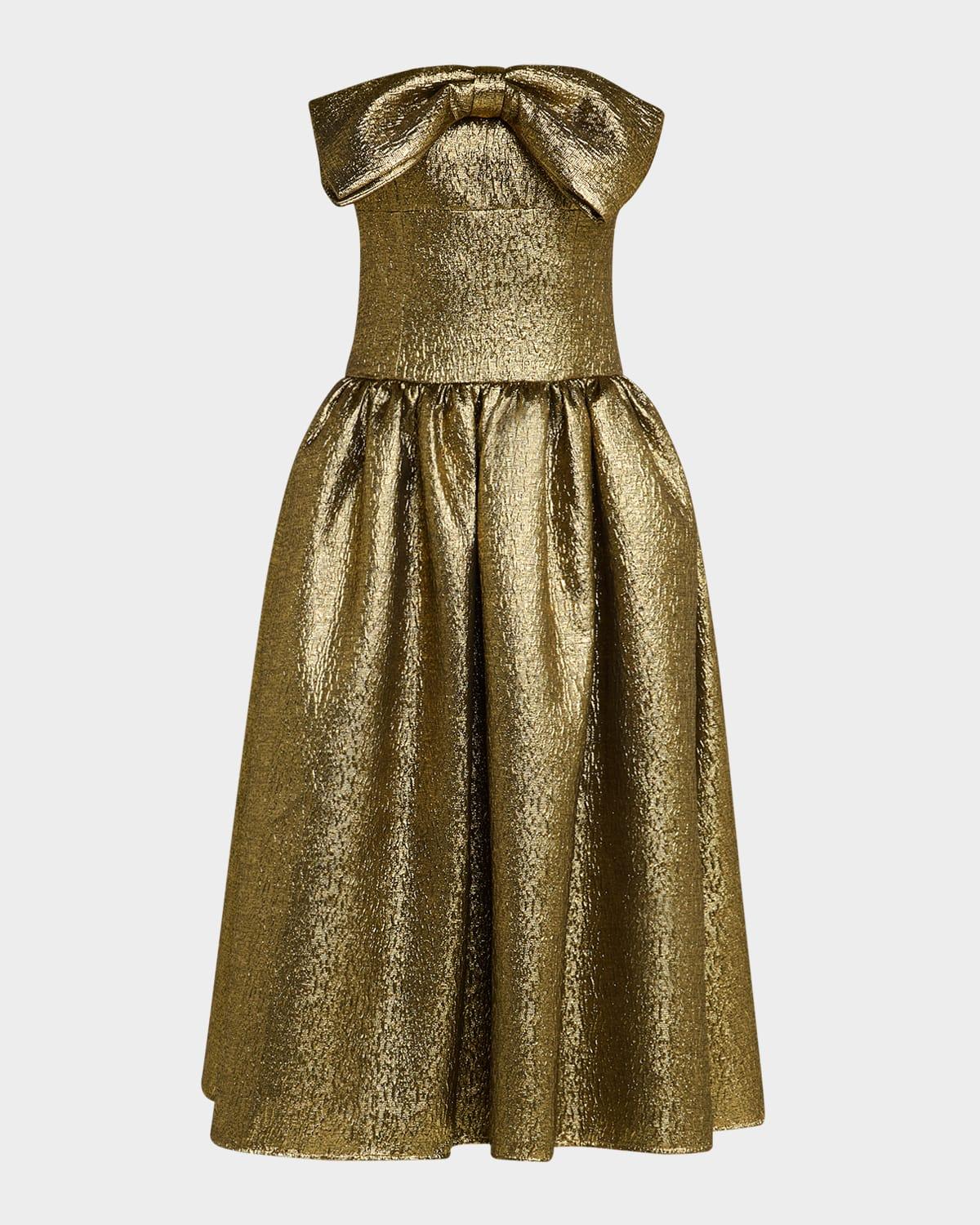 metallic jacquard bow midi dress