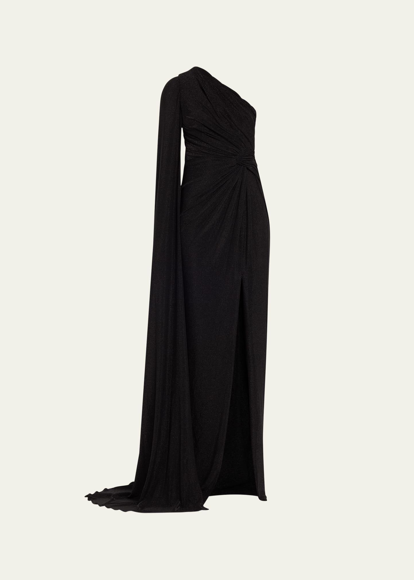 metallic jersey cape-sleeve gown