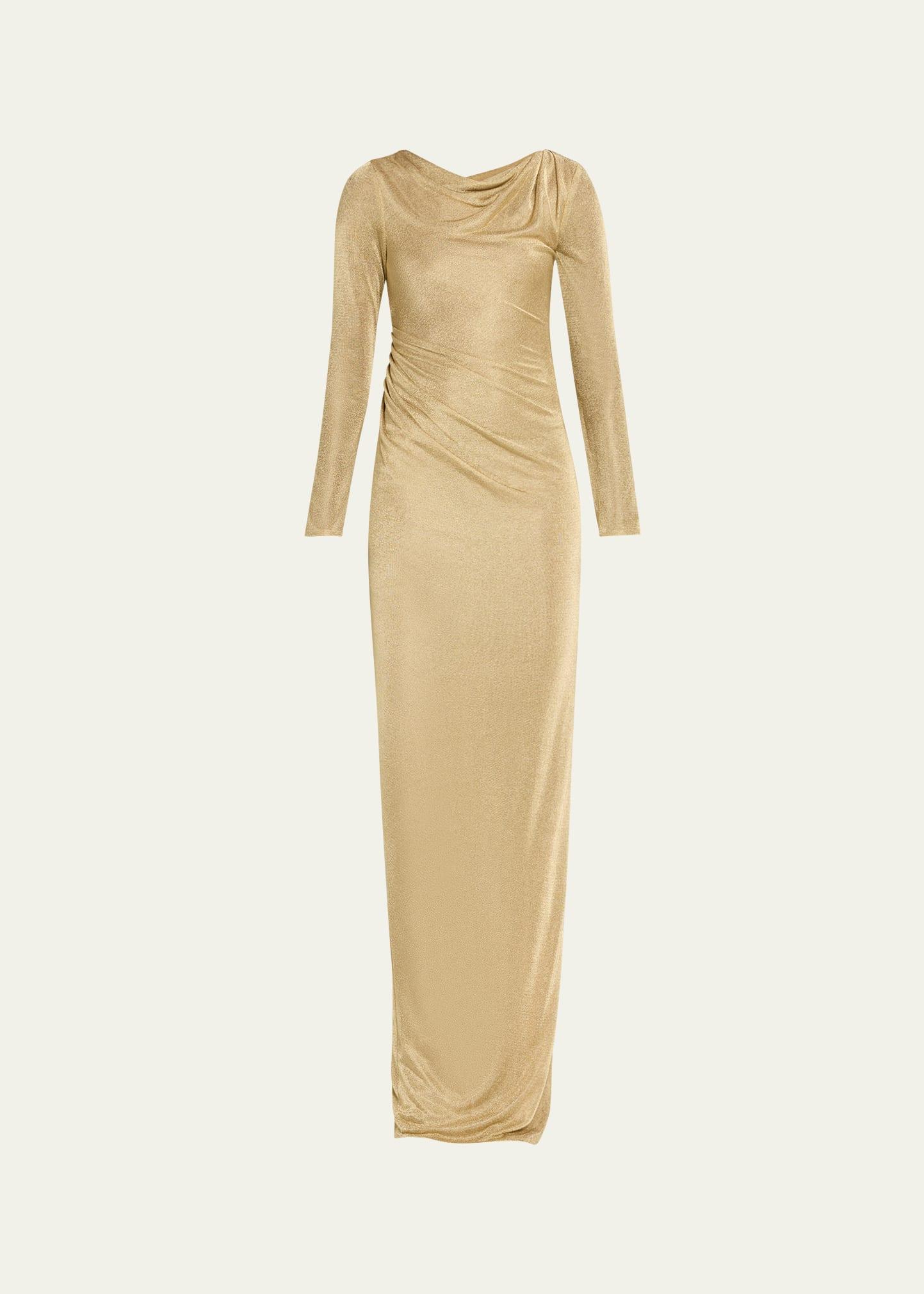 metallic jersey cowl-neck long-sleeve gown