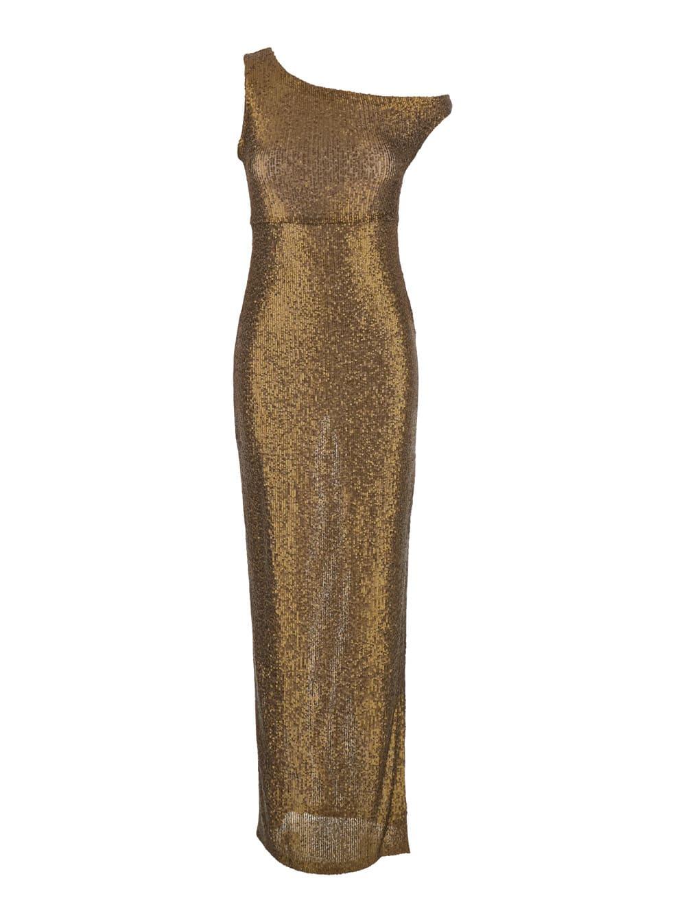 metallic one-shoulder long dress with sequin decorations in tech fabric woman