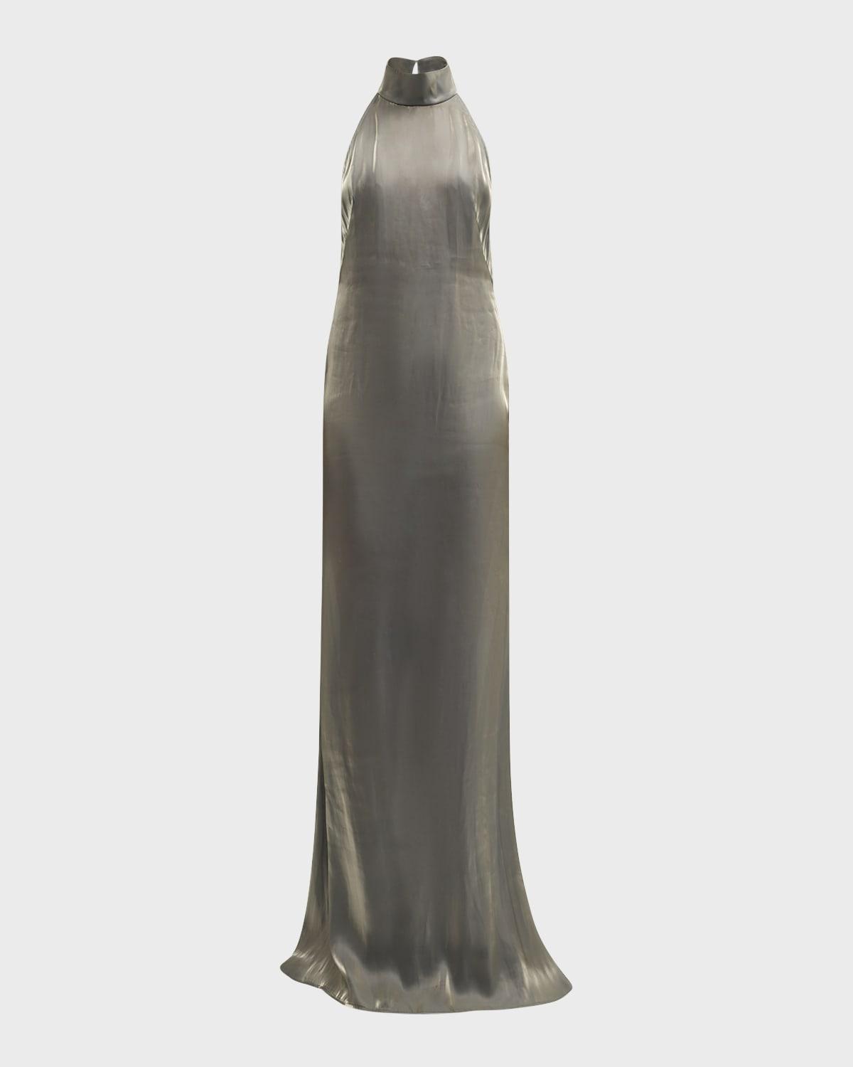 metallic organza backless halter gown