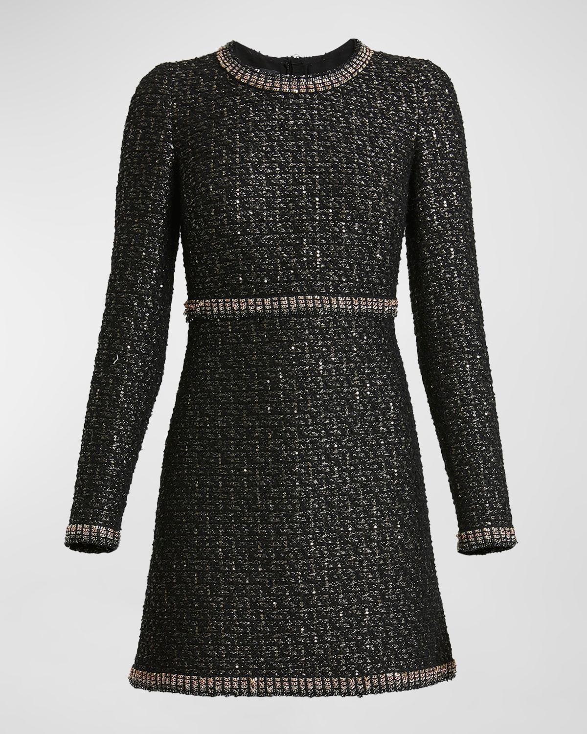 metallic paillette tweed long-sleeve mini dress