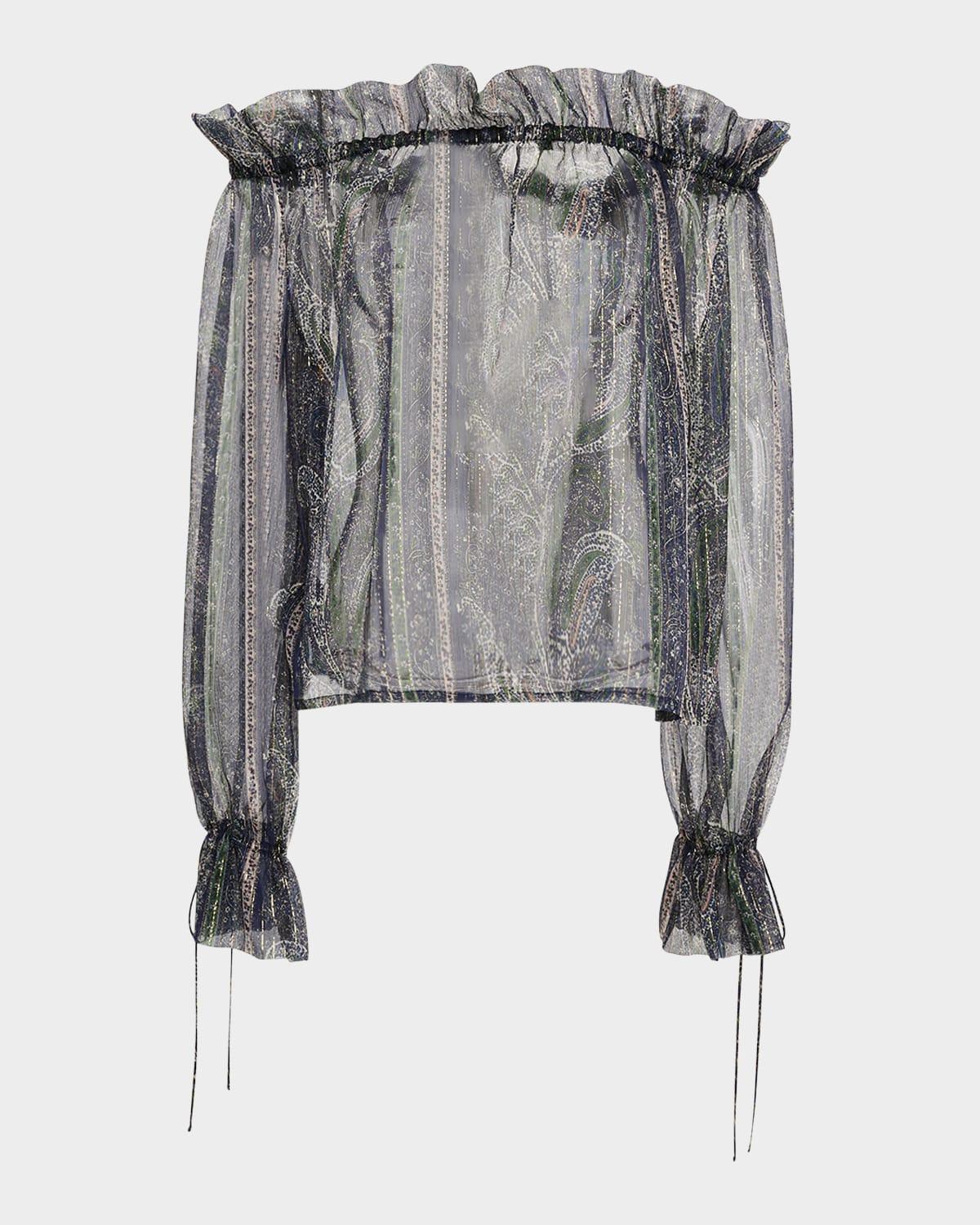 metallic paisley ruffle off-the-shoulder blouse
