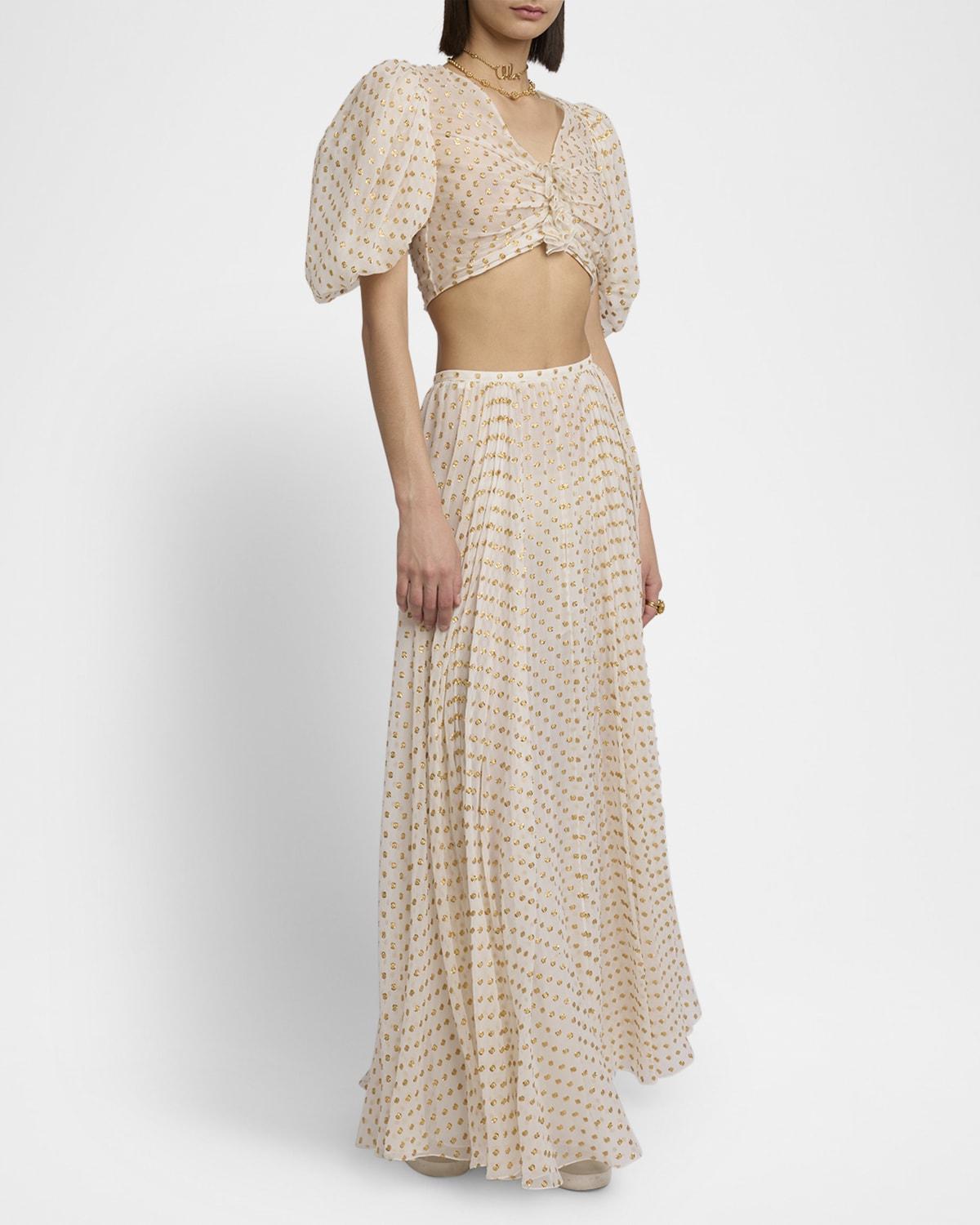 metallic polka-dot jacquard puff-sleeve crop top