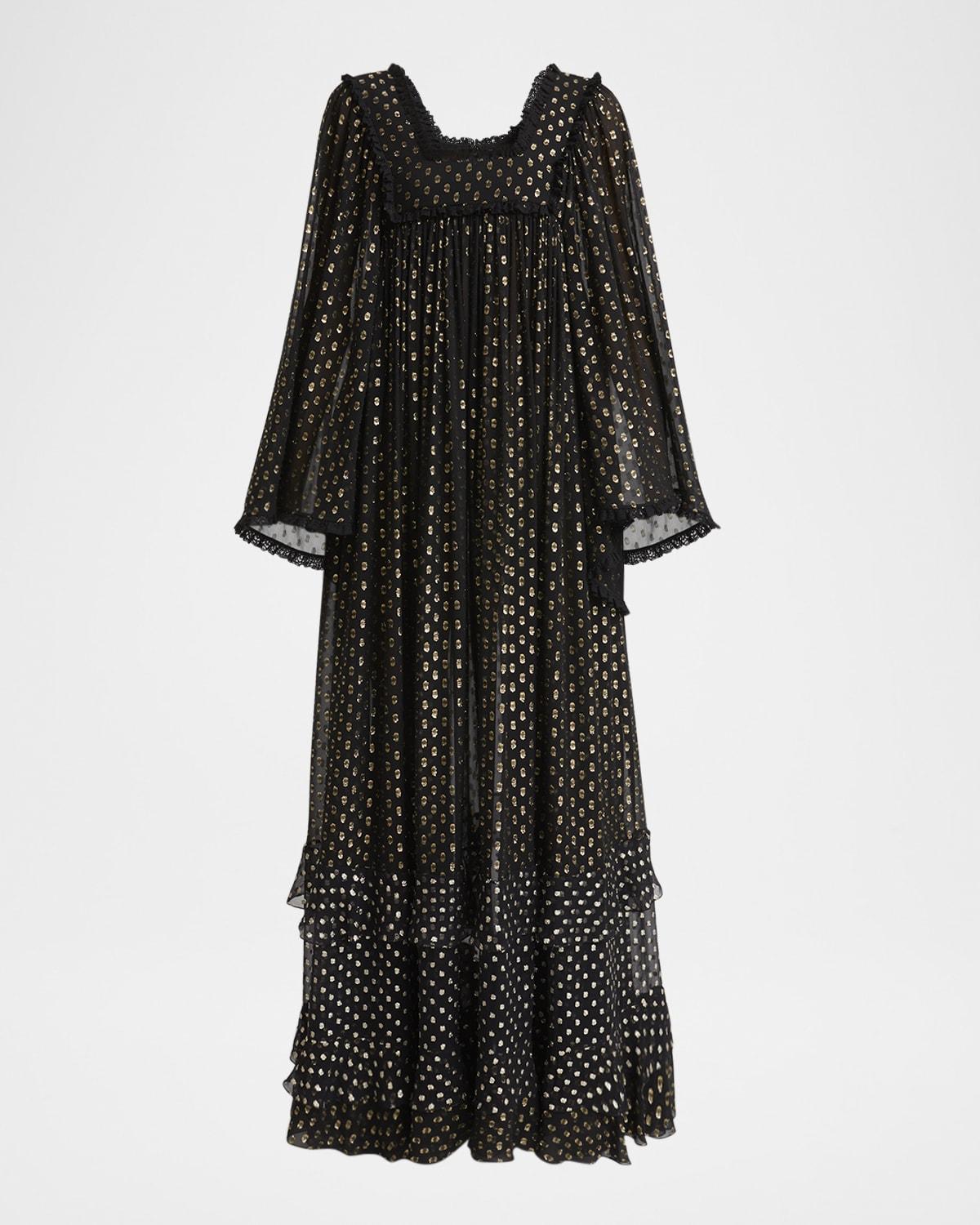 metallic polka-dot long-sleeve maxi dress