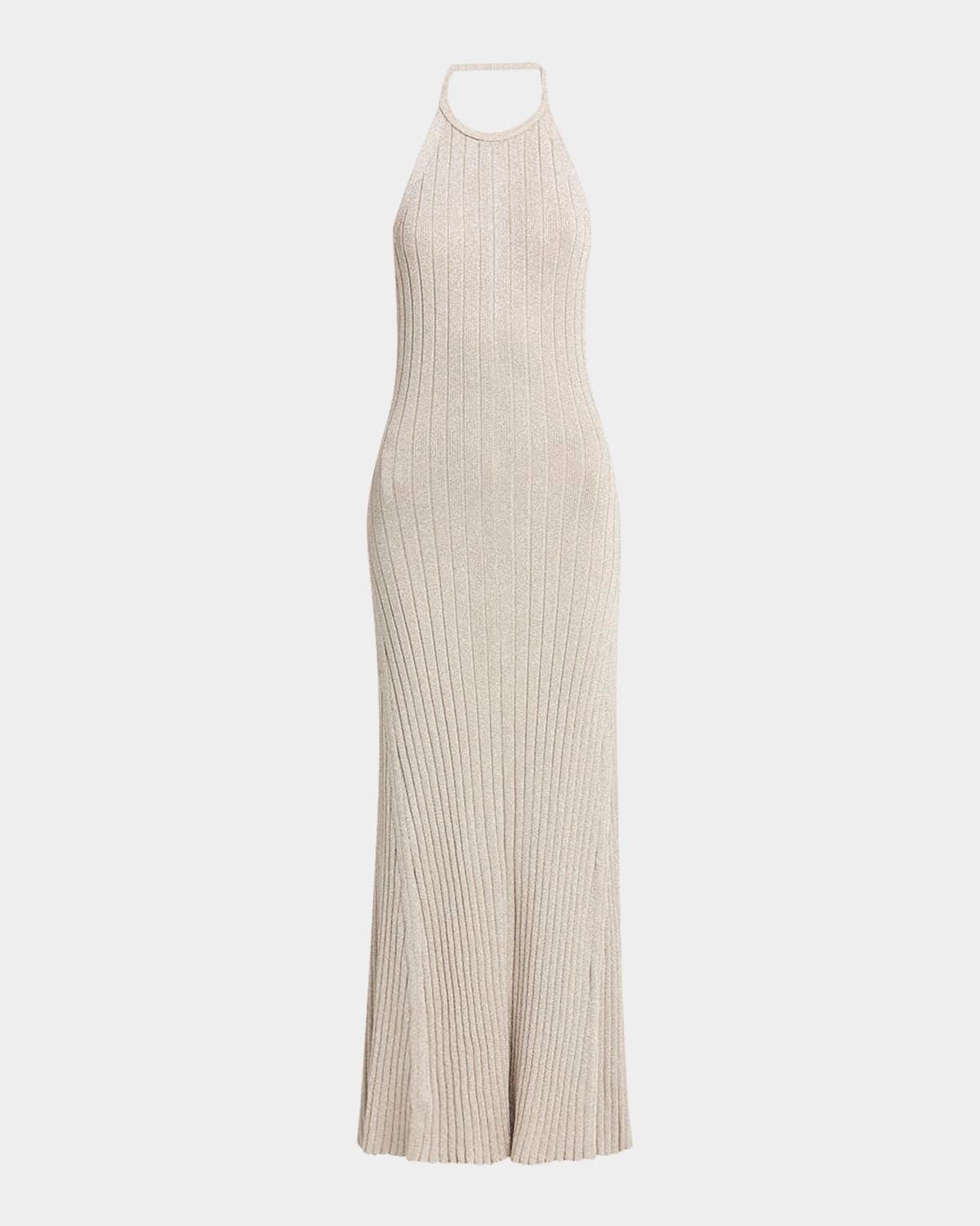 metallic rib halter backless maxi dress