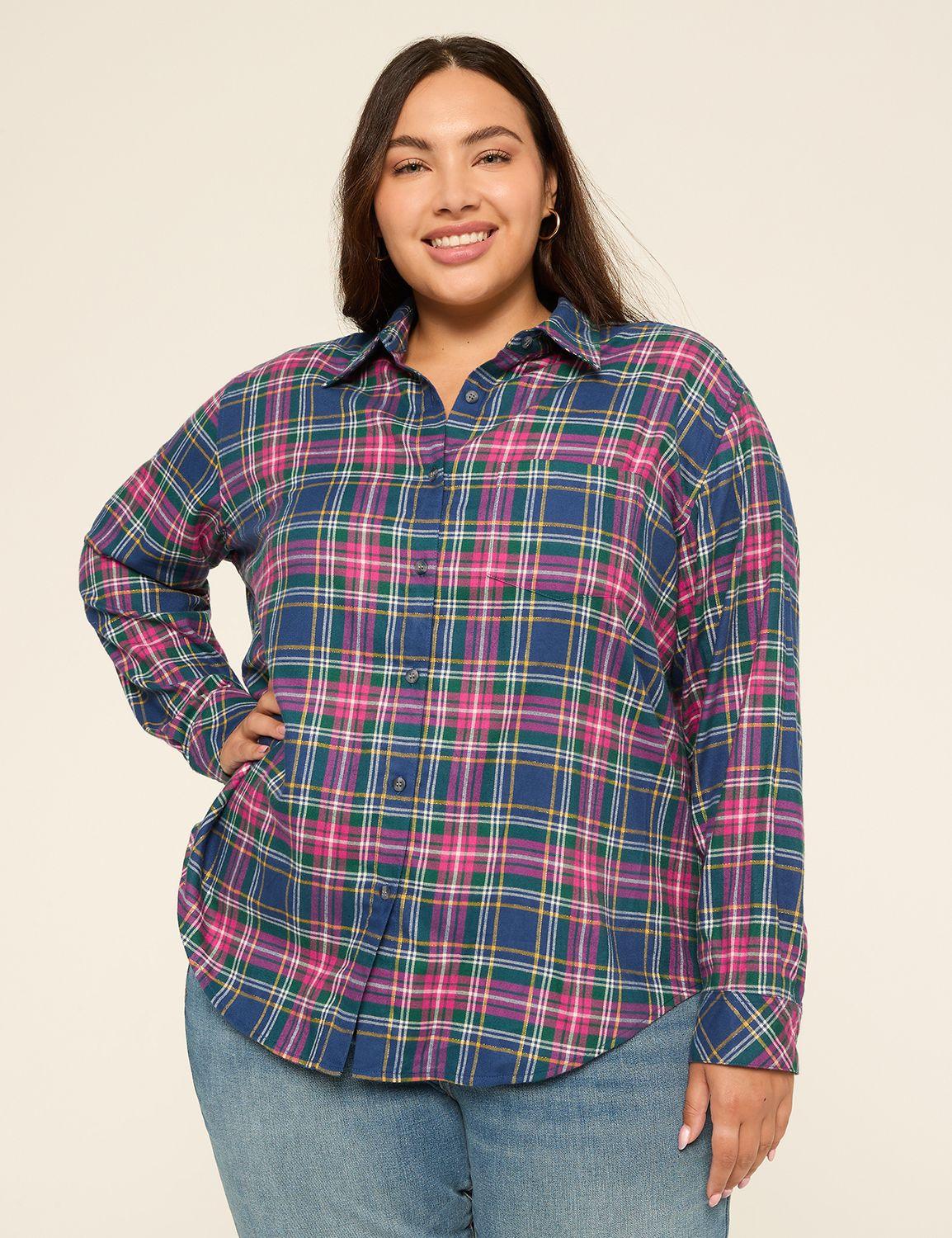 metallic-shimmer button-down plaid top