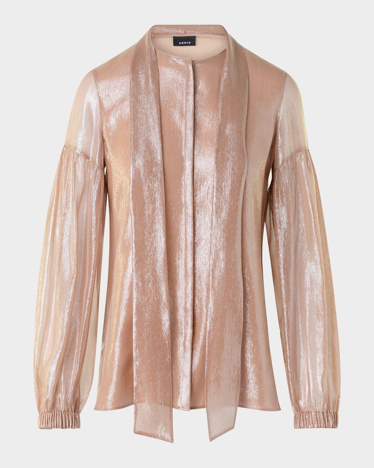 metallic silk puff-sleeve neck-scarf blouse