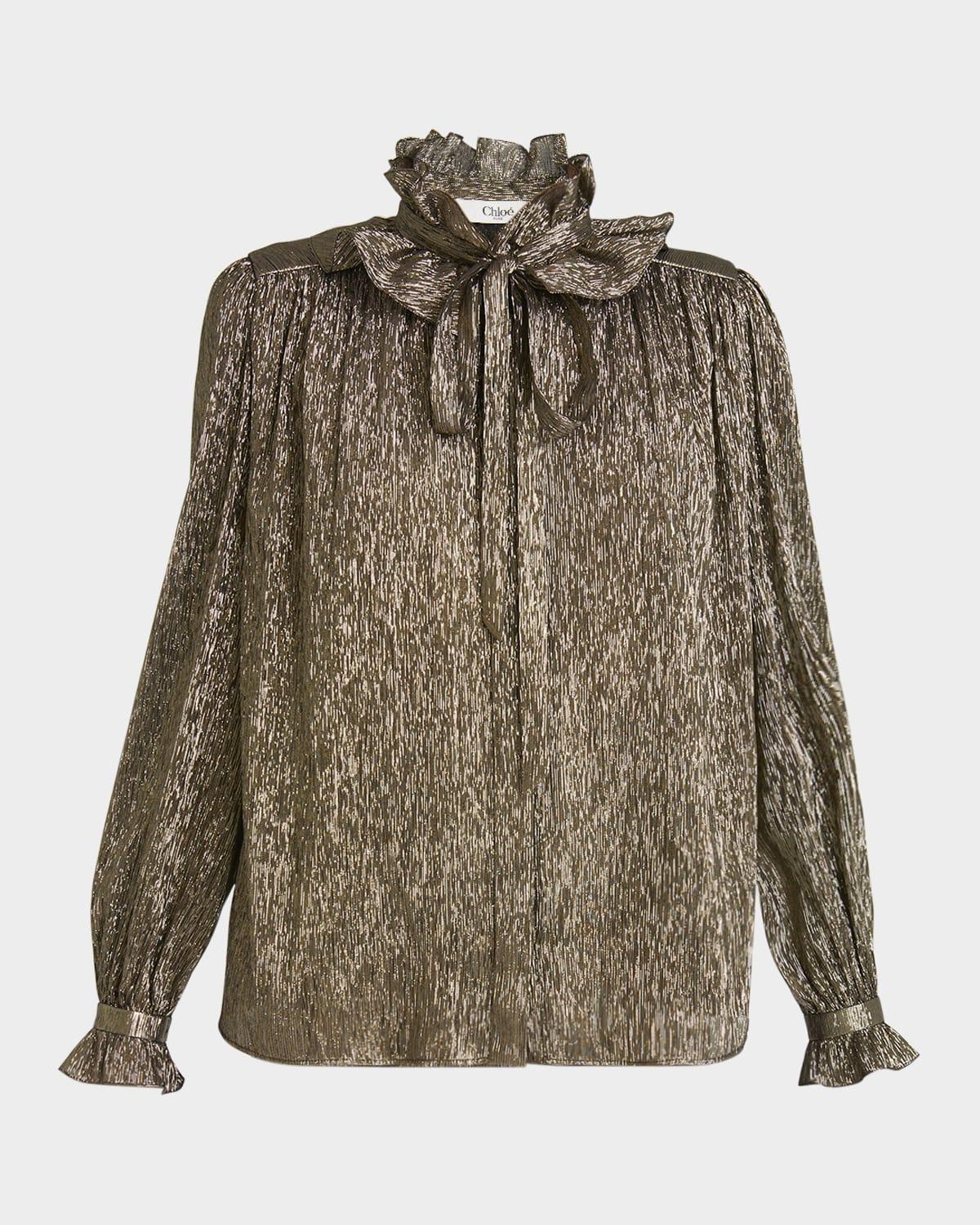 metallic silk ruffle neck-tie top