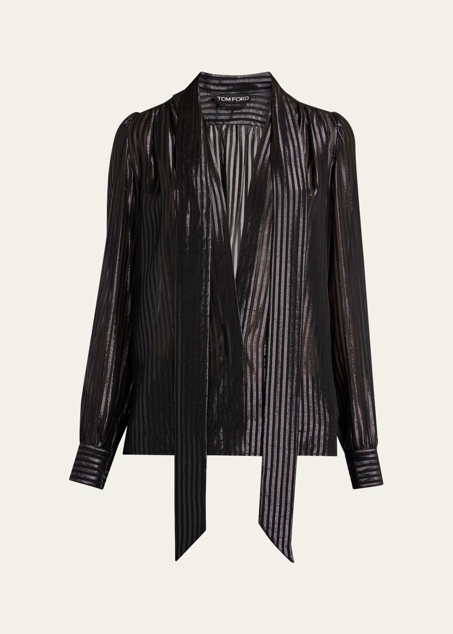 metallic striped lavalliere plunging blouse