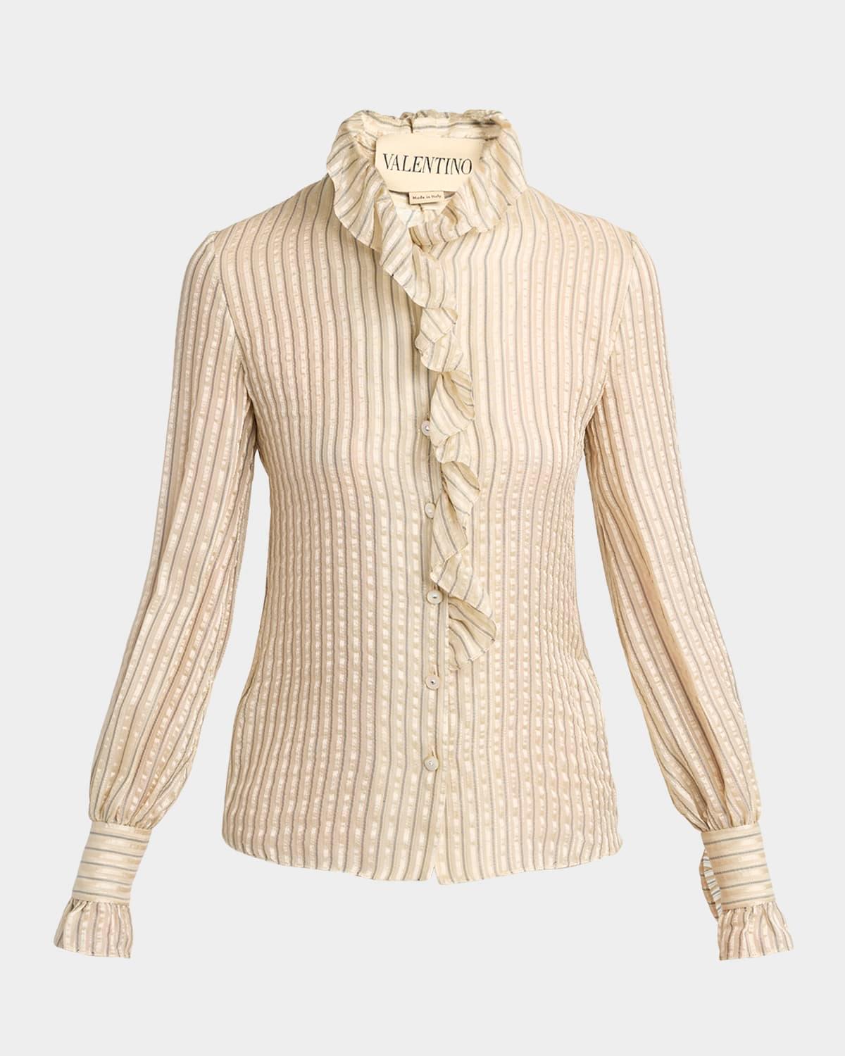 metallic striped ruffle button-down shirt