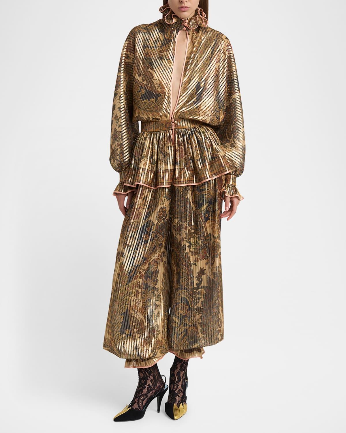 metallic striped voyage jacquard ruffle blouse