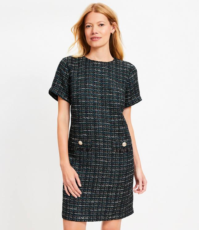 metallic tweed fringe pocket mini dress
