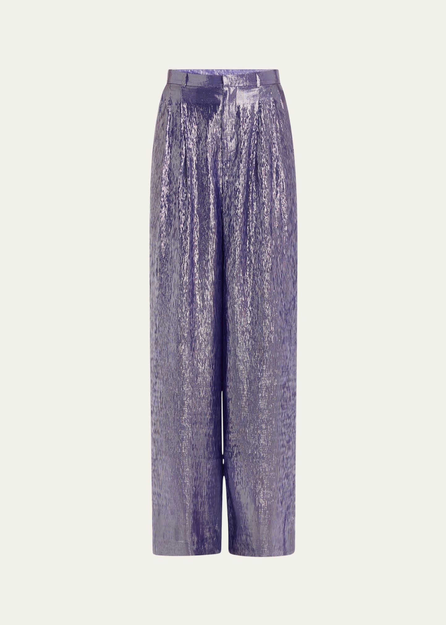 metallic voile pleated wide leg pants