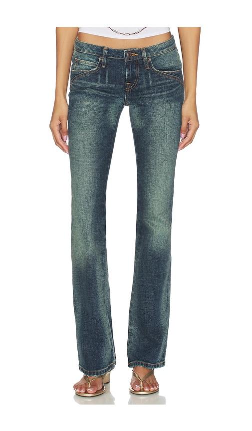 miaou low rise flare jeans in blue.