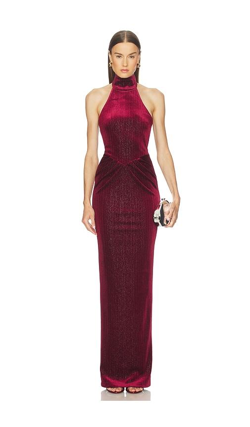 michael costello x revolve ataya gown in burgundy.