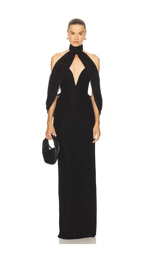 michael costello x revolve braga gown in black.