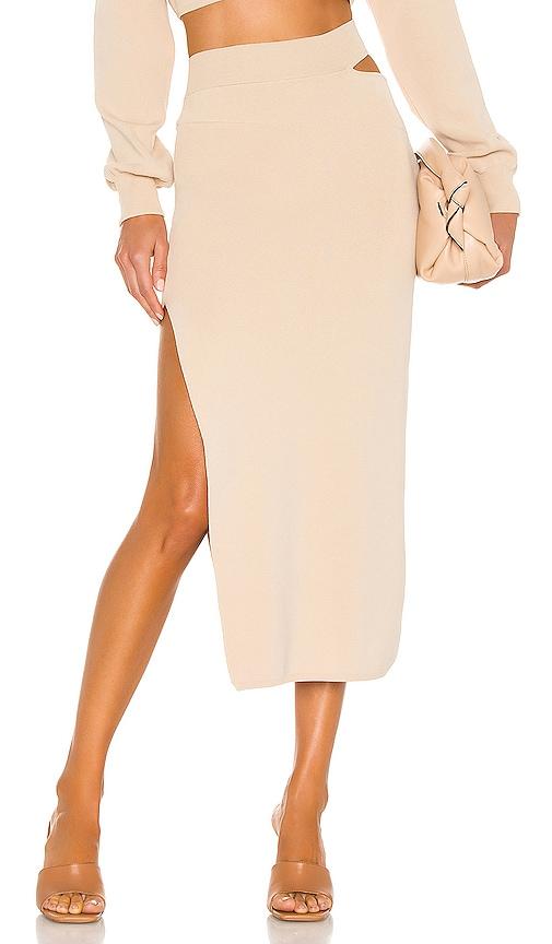 michael costello x revolve cut out knit midi skirt in beige.