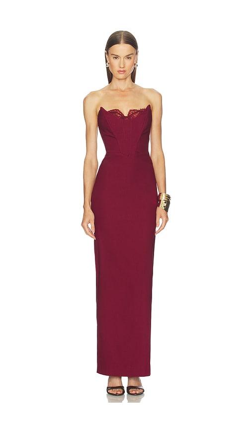 michael costello x revolve louisa gown in burgundy.