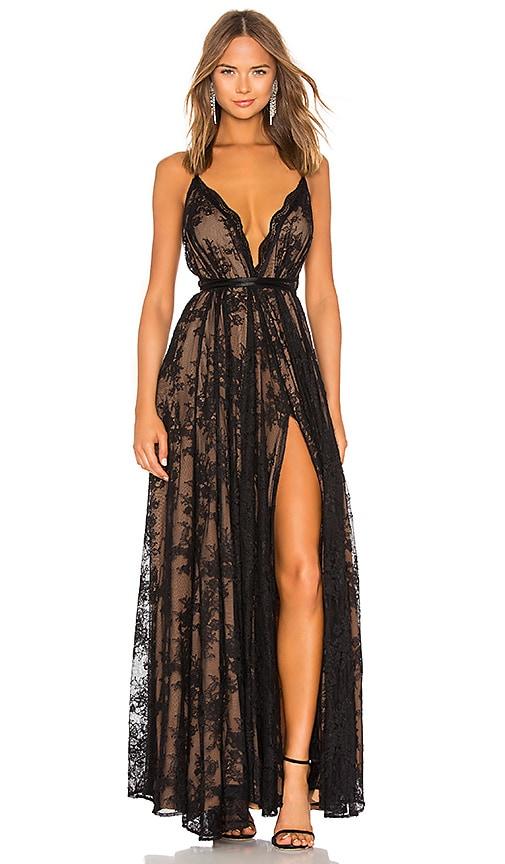 michael costello x revolve paris gown in black.