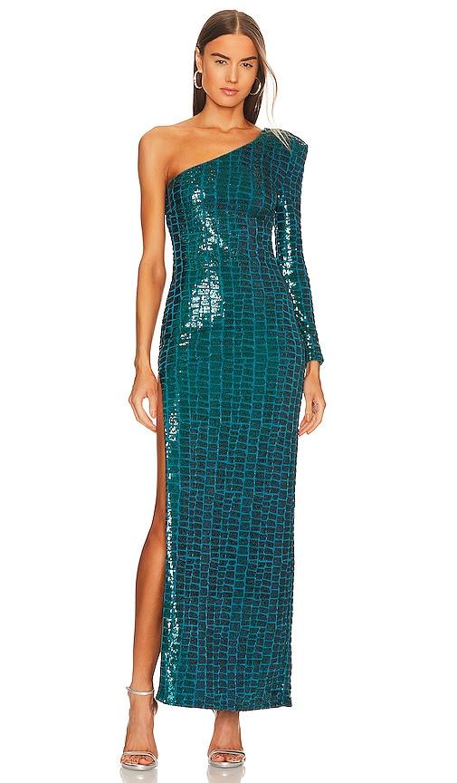 michael costello x revolve rumi gown in teal.