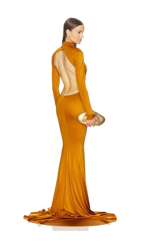 michael costello x revolve salima gown in metallic copper.