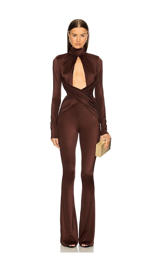 michael costello x revolve salima jumpsuit in chocolate.