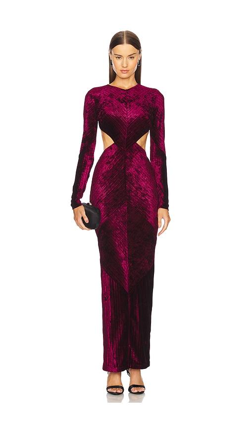 michael costello x revolve spencer gown in burgundy.