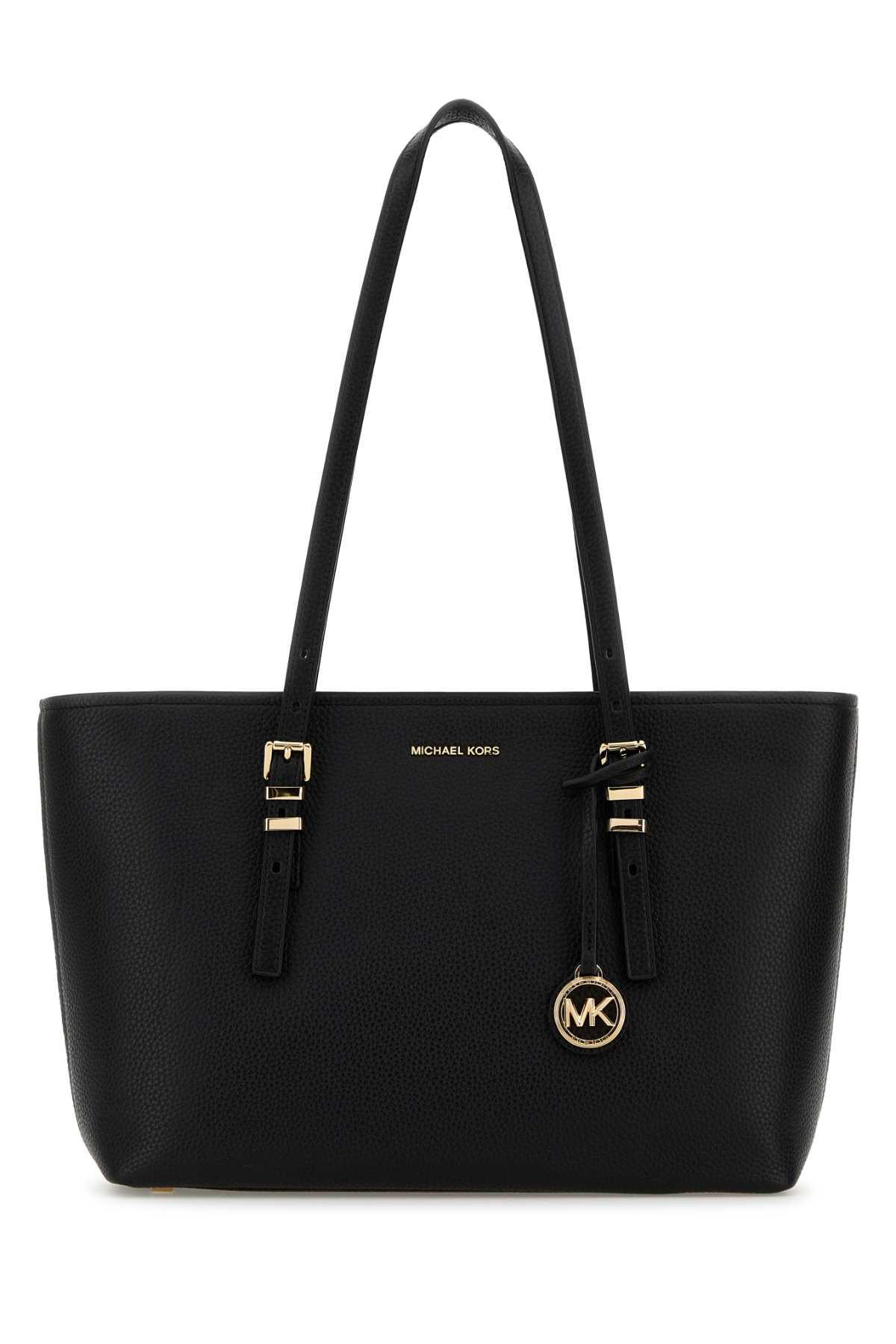 michael kors black leather quinn shopping bag