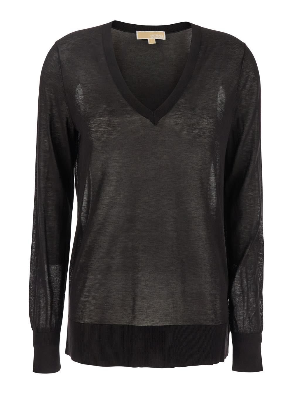 michael kors black t-shirt with v neck and ribbed trims in cotton and silk blend woman