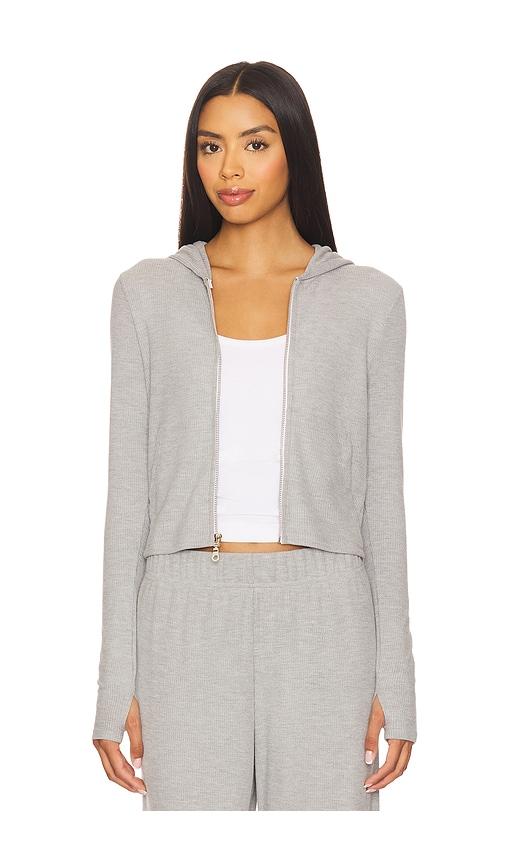 michael lauren aris fitted crop zip up hoodie in grey.
