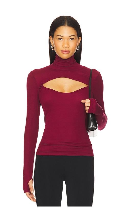 michael lauren cade long sleeve turtleneck top in burgundy.