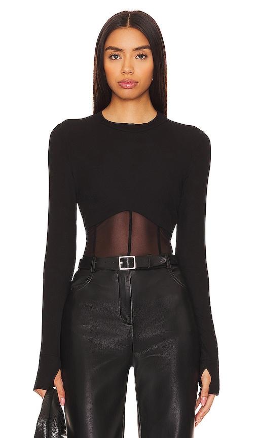 michael lauren danton rib mesh corset top in black.