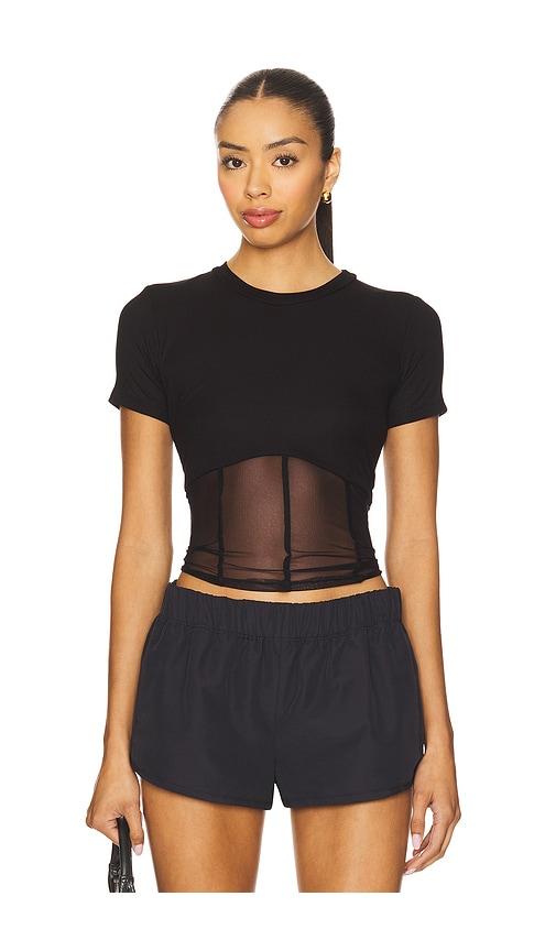 michael lauren ember rib mesh corset tee in black.