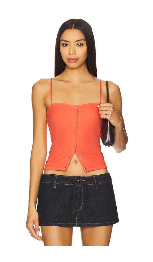 michael lauren iva snap top in coral.