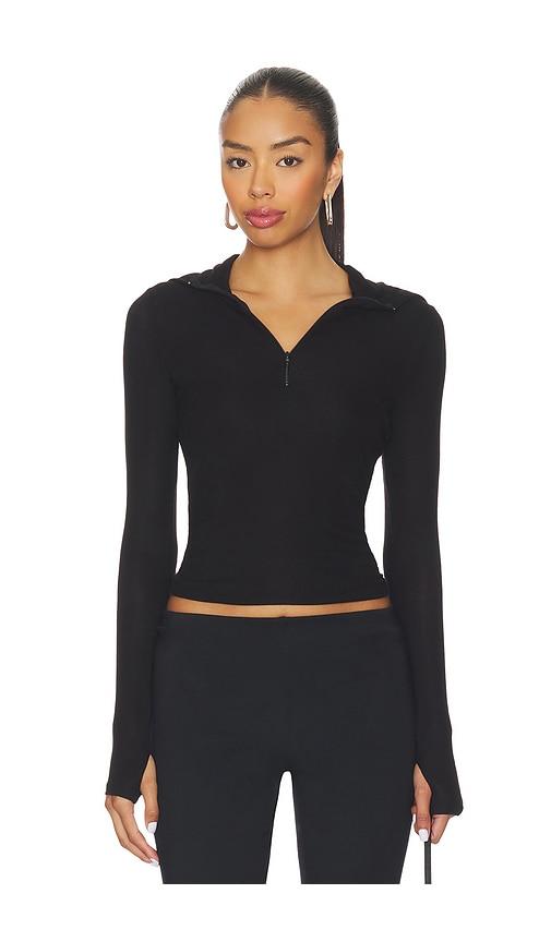michael lauren jove long sleeve half zip top in black.