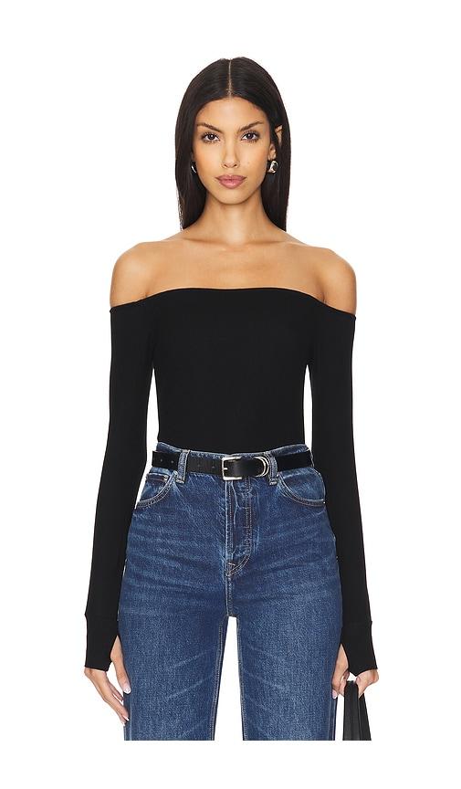michael lauren lanny off shoulder long sleeve top double layered top in black.