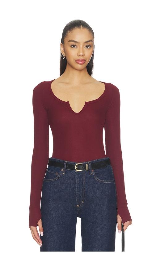 michael lauren maeve long sleeve scoop neck top in red.